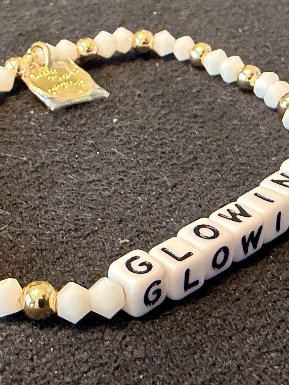 NWT Little Words Project “GLOWING” Beaded Stretch Bracelet | White & Gold - Picture 3 of 5